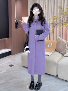 New Year Purple Hooded Knitted Long Dress Womens Fashion Early Spring 2025 Sweater Dress Waist-Cinched Korean Style