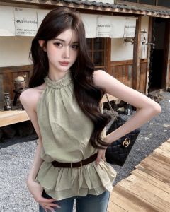 GUZILIAN | Sleeveless Top Slim Elegant Halter Neck Ruffled Waist