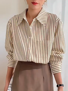 Korean Long Sleeve V-neck Loose Blouse For Women Striped Pocket Shirts