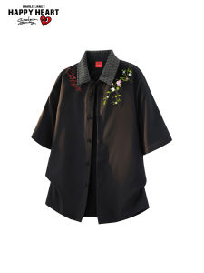 CHARLES JANGS HAPPY HEART | Casual American Printed Ice Silk Collared Short Sleeve Shirt