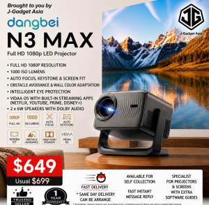 [Top1 Seller for Projectors] Dangbei N3 Max Full HD1080p LED Projector w/Gimbal Stand VIDAA OS Apps Netflix YouTube Disney+ etc ISO 1000 Lumens (ANSI Lumens 1200) MT9660 chipset 2×6W HDR 10 HDMI 2.0 Wi-Fi 5 (1 Year Warranty) - New Arrival !
