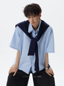 V37 | American Double-layer Collar Stripe Short Sleeve Shirt Light Textured Loose Fit