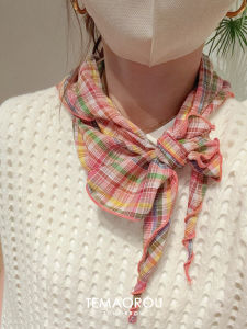 Summer New Womens Colorful Plaid Cotton Linen Triangle Scarf Necktie Silk Scarf Decorative Headscarf Fashion Accessory