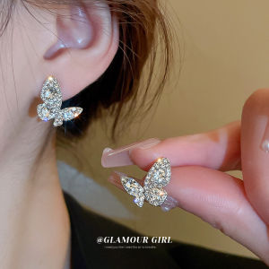 Silver Needle Inlaid Diamond Butterfly Earrings Light Luxury High-end Feeling Ear Studs New Style Personality Simple Ear Decorations for Women