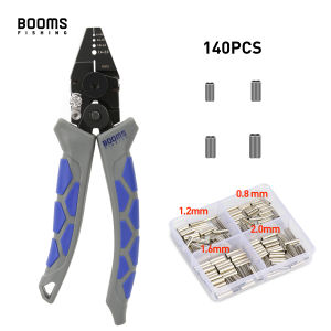 Booms Fishing CP4 Set Carbon Steel Fishing Crimping 7 inch Pliers With 140Pcs Set Fishing Line Barrel Crimping Sleeves Tools