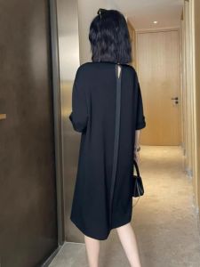 ชุดเดรสทรงเอเอวสูงทรงหลวมสไตล์สตรีทสำหรับผู้หญิง ชุดเดรสยาวคลุมเข่าแขนสั้นฤดูร้อน