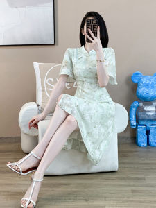 Elegant plus Size Qipao Dress Summer New Chinese Style Printed Stand Collar Midi Skirt Womens Fashion Polyester Fiber Short Sleeve
