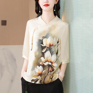 MAIMEI | Mature Womens Summer Fashion Chiffon Printed Small Shirt T-Shirt Vintage Style National Trend Top Middle-Aged Mothers Clothing