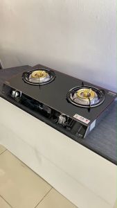 Lucky Flame เตาแก๊สหัวทองเหลือง 2 หัว หน้ากระจกนิรภัย AG-102S (ดำ) AG102S AG 102S