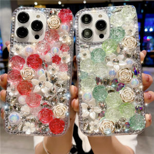 Bling Diamond Rose Flower Case For iPhone 11 12 13 14 Pro Max 7 8 14Plus XS XR Luxury Crystal Rhinestone Glitter DIY Back Cover