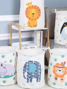 ถังใส่เสื้อผ้าสีบริสุทธิ์แบบพับได้ ทรงกลม กันน้ำ ผ้าฝ้ายลินิน ลายการ์ตูน สัตว์ประดับมงกุฎ ทรงกลม ถังเก็บของ