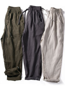 Mens Lightweight Draped Comfortable Breathable Straight Loose Pants 100% Pure Linen Summer Casual Long Trousers