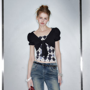 Unifree | Faux Layered Gingham Short Sleeve Tshirt Slim-fit Bow-tie Design Top