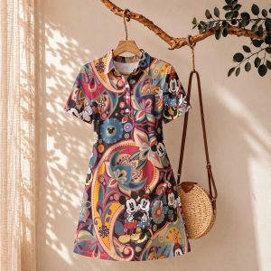 Disney | Womens Disney Mickey Mouse Print Polo Collar Dress Anime A-line Mini Dress Woman Clothing Minnie Fashion Streetwear 2026 New