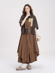 SHANGWEILUO | Vintage Color Block Patchwork Short Sleeve Shirt Loose A-Line Skirt Summer Set