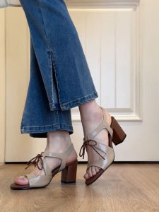 FANGXI | Vintage Bow Tie Open Toe Ankle Strap Heels Coarse Heel