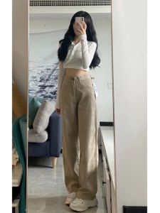 สูงยาวพิเศษ เอว ขาตรง กางเกงยีนส์ สีกากี สี ผู้หญิง พลัสไซส์ 180 สูง สุภาพสตรี ขากว้างยาวพิเศษ ความยาวพื้น กางเกง