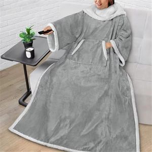 Grey Wearable Lazy TV Blanket With SleeveTV Sofa Blankets For Men WomenThick Fleece Blanket Winter Adult Cozy Soft Nap Blanket