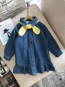 Girls School Style Denim Dress Long Sleeve Baby Clothes Spring Autumn High Waist Cotton Blend Non-Elastic Pure Color Skirt