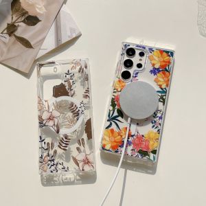 Luxury Samsung Galaxy S23 S23Ultra S22Ultra S22+ Floral Pattern Transparent Phone Hard Case Support Power Version MagSafe S23FE/S24Ultra