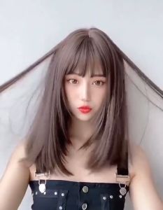 Fashion Straight Wigs For Women Medium Long Hair Wig with Bang Female Full Head Cover Clavicle Wig