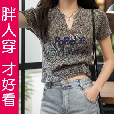 Summer Fashion Short Sleeve T-Shirt for Women Loose Fit V-Neck Printed Work Clothing Viscose Fabric Creative Pattern