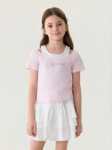 Marc&Janie | BM Style Faux Two-piece Shoulder-exposed Girls Sweet Short Sleeve T-shirt
