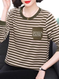 Autumn Fashion round Neck Striped Long Sleeve T-Shirt Loose Casual Cotton Top for Middle-Aged Mothers Spring Autumn Wear
