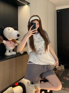 Hellokitty Summer Sleepwear Set Womens Casual Short Sleeve round Neck Outgoing Home Clothes with Chest Pad Short Pants
