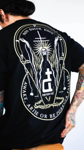 DGRAVE CREATIONS STRIP OF DIVINITY BLACK T-SHIRT