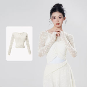 Teen Girls Long Sleeves Front Pleated Lace Blouses for Women Tulle Floral See-through Dance Tops Adult Casual Pullover Shirt