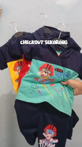 Setelan Baju Bayi Anak Laki-Laki Motif Karakter HOODIE BABY - Usia Bayi 3 sampai 15 Bln MAX BB 10kg - Kaos Katun dengan Celana Denim Pendek - All Size