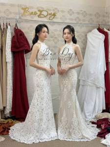 VÁY CƯỚI REN ĐUÔI CÁ CỔ YẾM THANH LỊCH- VÁY CƯỚI YẾM REN TRẮNG PHỐI NUDE