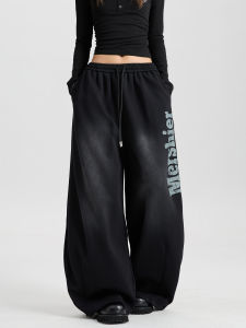 Cool Casual Fleece Lined Straight Leg Pants Womens Vintage Washed Slimming Print Sweatpants American Style Polyester Fiber