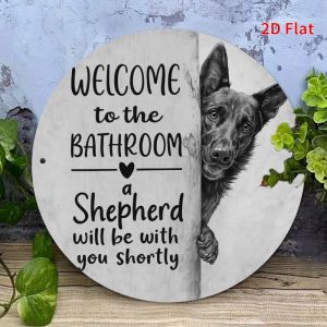 Funny Shepherd Dog Pet Theme Wooden Round Disc 2D Hanging Wall Art Unique Home Bathroom Rest Room Toilet Decor Dog Lover Gift