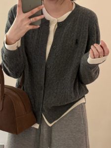 Chic Pink Knitted Sweater Coat Womens Fake Two-Piece Style Korean System Early Autumn Clothing Spring Autumn Loose Fit Long Sleeve