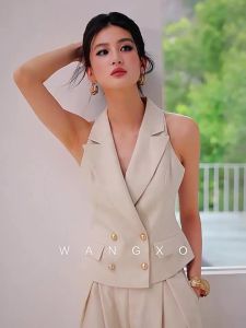 WANGXO | Bộ Áo Gile Cột Ép Dây Caro Vải Lin và Quần Rộng Chân Nếp