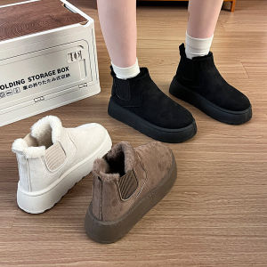 Chelsea Thick Bottom Snow Boots Womens Fur Leather Integrated Slip-On Winter Bread Shoes Fashionable Fleece Lined Cotton Shoes