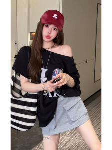 YUEZHONGWEI | American Style Letter Print Black Asymmetrical Shoulder Short Sleeve T-Shirt Women Summer Loose Half Sleeve Top Casual Commute Style