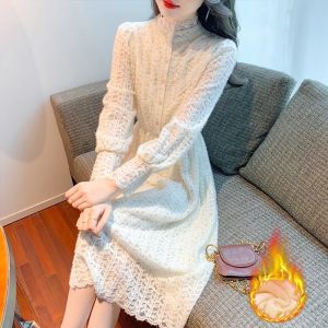 Lace Long Sleeve Fleece Lined Thick mid Length Dress for Women Commute Style Korean Fashion Winter Season Pure Color Skirt