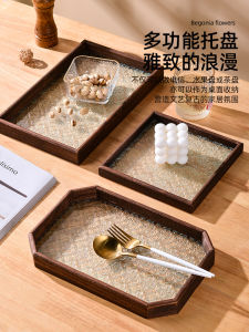 Retro Glass Wooden Tea Tray Feng Shang Hibiscus Flower Tea Point Storage Plate Rectangular Shape Chinese Dining Utensils