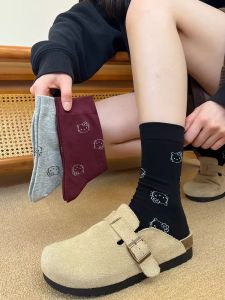 Kitty Cat Mid-Calf Socks for Women Pure Color Cartoon Korean Style Spring Autumn Cotton Polyester Blend Moisture Wicking