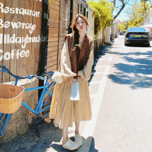 French Vintage Dress Set Womens Autumn New Style Super Beautiful Age-Defying Suede Vest Long Dress Two-Piece Set High Waist A-Line Skirt Long Sleeve round Neck
