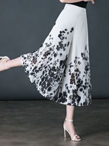 Summer Thin Ice Silk Wide Leg Pants Floral Skirt Pants Drapey Seven-Quarter Length Womens Casual Trousers High Waist