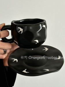 Retro Orange Ceramic Coffee Cup Set with Lid for Afternoon Tea And Latte Small Audience Gift Limited Edition Black And White