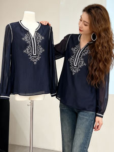 XIYUQI | Embellished Embroidery Round Neck Long Sleeve Shirt Women Slim Fit
