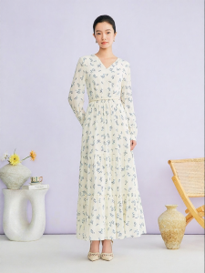 Stylish Elegant Flower Print Mulberry Silk V-neck Waist-defining Dress
