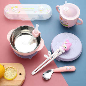 Children Sucker Bowl Straw Solid Food Bowl Childrens Tableware Chopsticks Stainless Steel Spoon Fork Baby Tableware Set Drop-Resistant