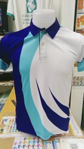 เสื้อโปโลพิมพ์ลาย5 ลายซับลิเมชั่น สีฟ้า (เสื้อโปโลพิมพ์ลาย5 ลายซับลิเมชั่น สีฟ้าตัดน้ำเงิน)