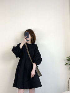 French Elegant Loose Black Dress Hong Kong Style Retro Chic Spring Autumn New Arrival Womens plus Size Dress High Waist A-Line Skirt